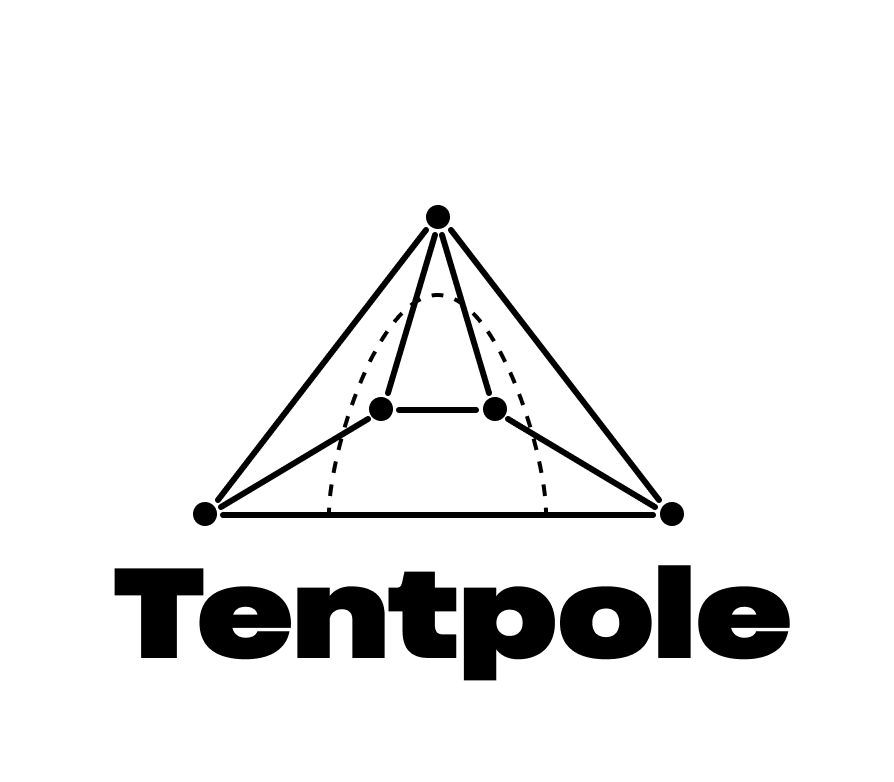 A tent drawn with diagrammatic lines and dots. It say 'Tentpole' underneath in a bold, black font.