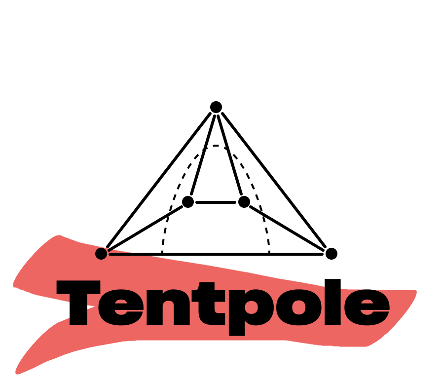 A tent drawn with diagrammatic lines and dots. It say 'Tentpole' underneath in a bold, black font. A reddy brown brush stroke is painted over the text.