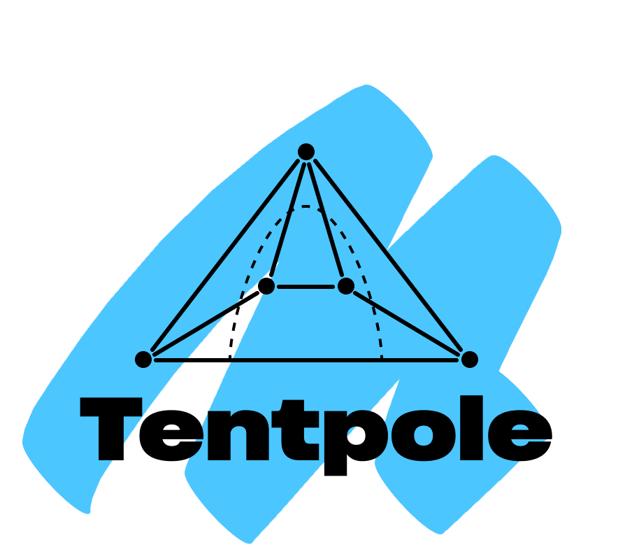 A tent drawn with diagrammatic lines and dots. It say 'Tentpole' underneath in a bold, black font. A blue paint brush stroke is scribbled on top of it all.