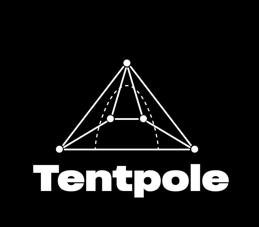 A tent drawn with diagrammatic lines and dots. It say 'Tentpole' underneath in a bold, white font.