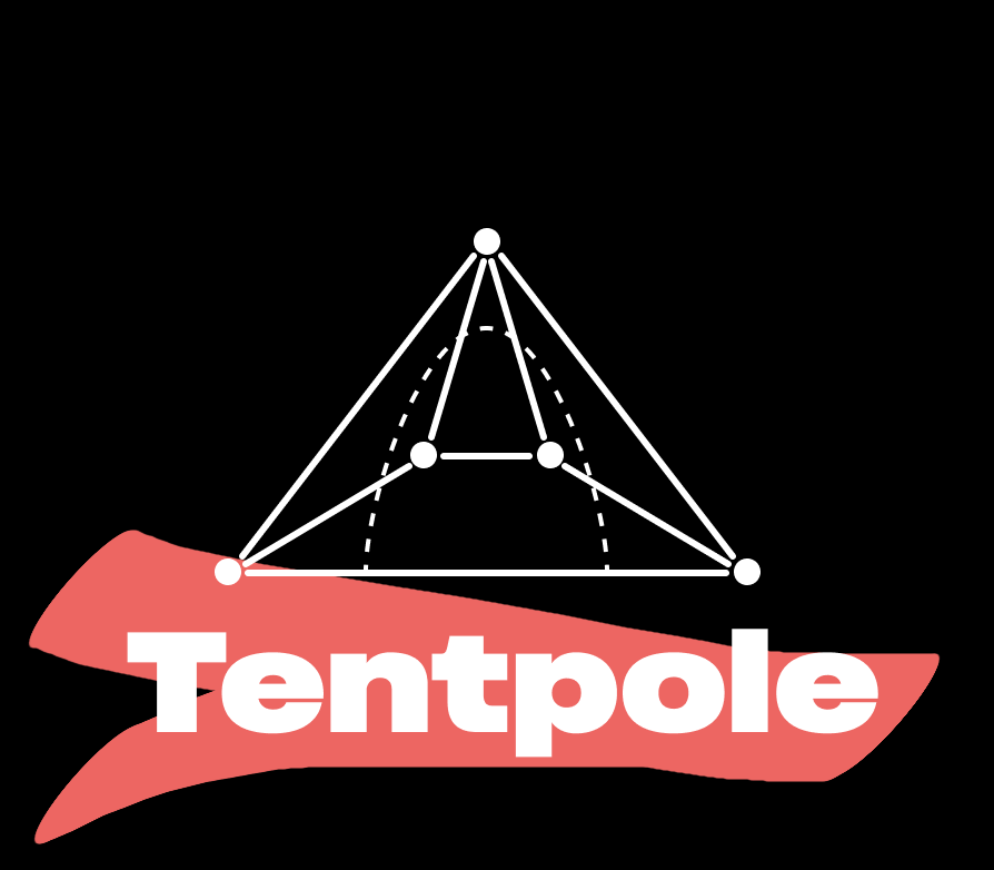 A tent drawn with diagrammatic lines and dots. It say 'Tentpole' underneath in a bold, white font. A reddy brown brush stroke is painted over the text.